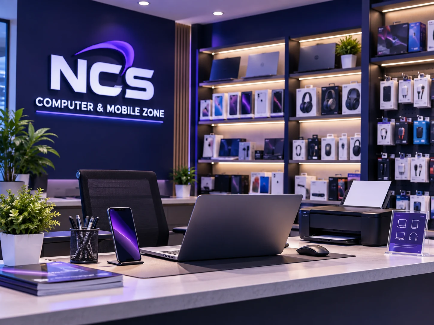 NCS Computer and Mobile Zone technology products and customer support workspace