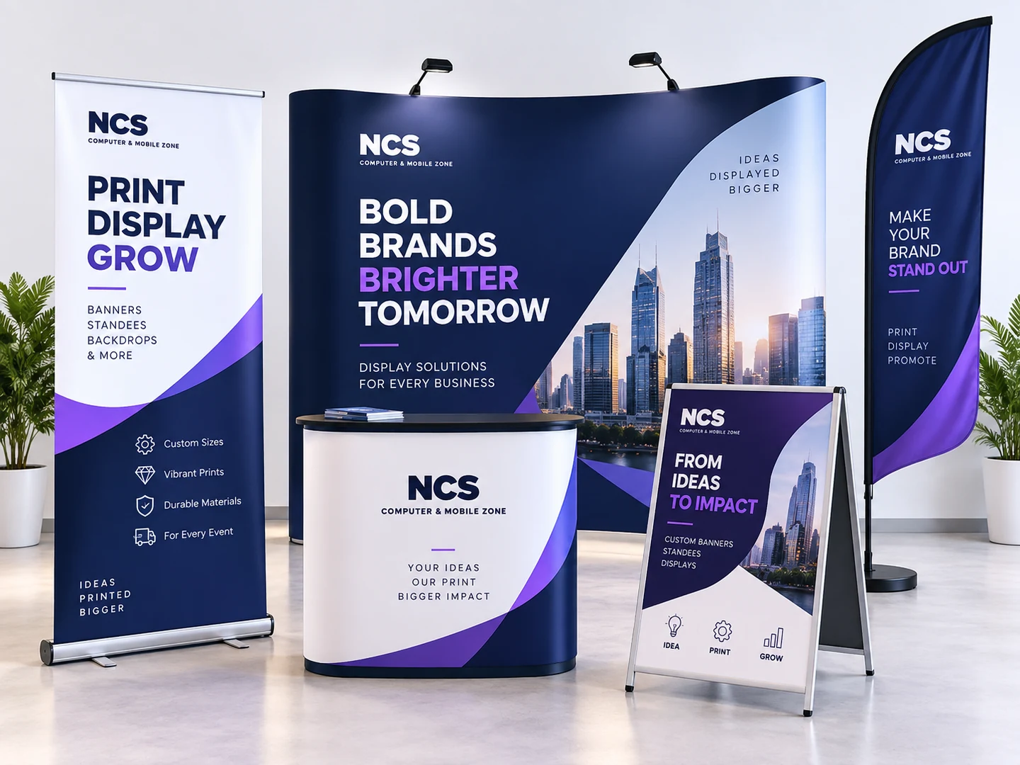Professional roll-up banners, exhibition backdrop and display stand example